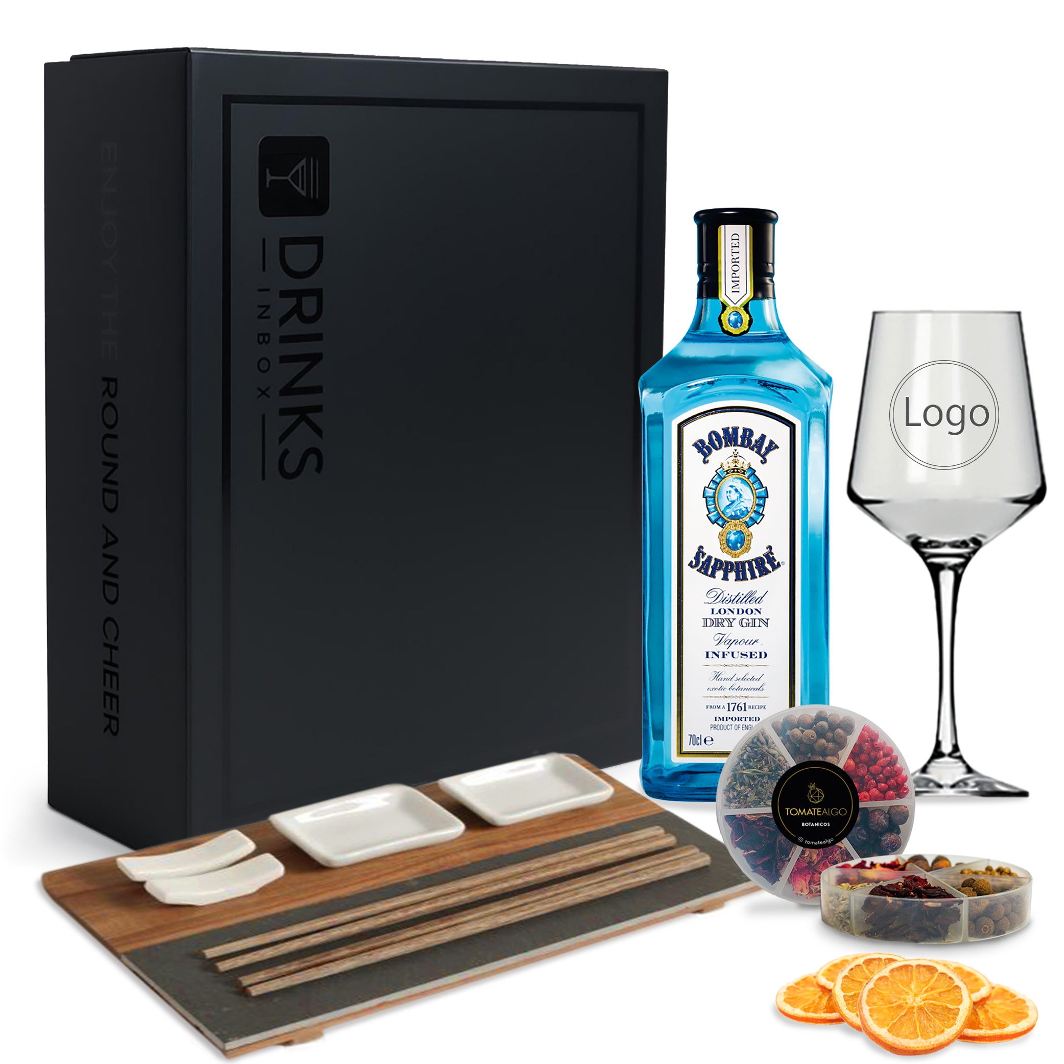Black Box - Gin Bombay + Copa + Botánicos + Garnish + Set Sushi Acacia y Laja Blanco