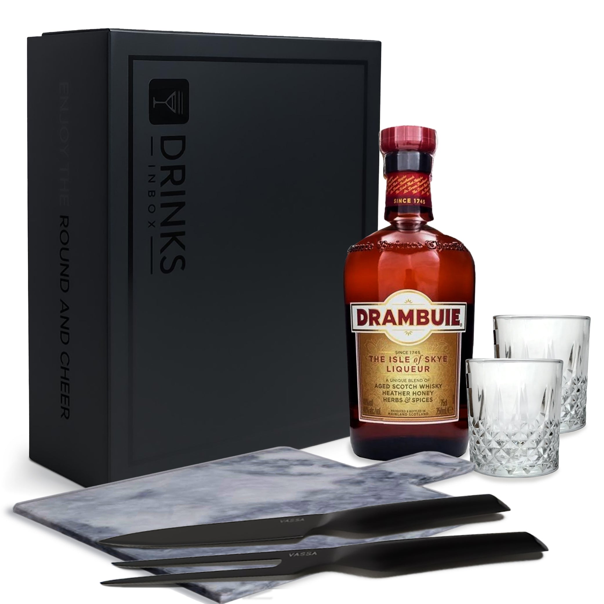 Black Box Nro 361 - Licor Drambuie + Vasos + Tabla para Picar de Marmol + Set de Asado Acero Inox Negro