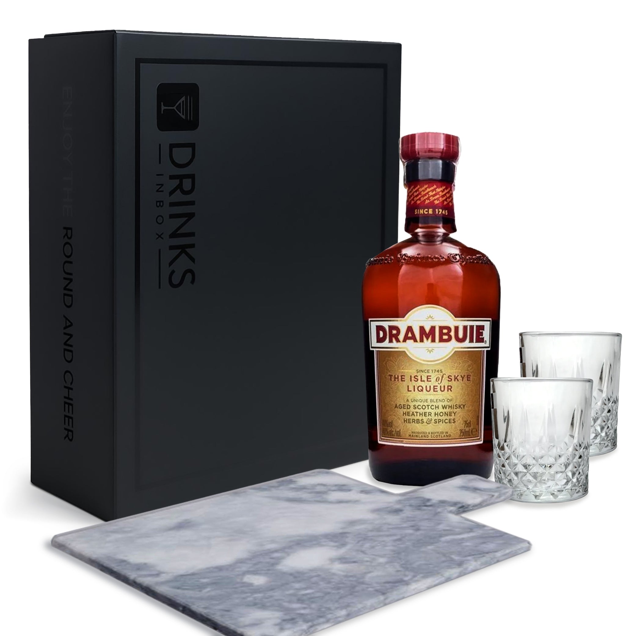 Black Box Nro 292 - Licor Drambuie + Vasos + Tabla para Picar de Marmol