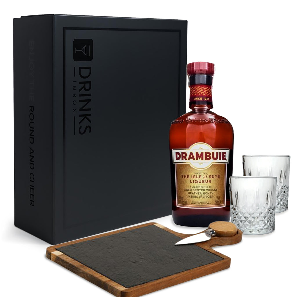 Black Box Nro 384 - Licor Drambuie + Vasos + Tabla Cuadrada para quesos de Acacia y Laja