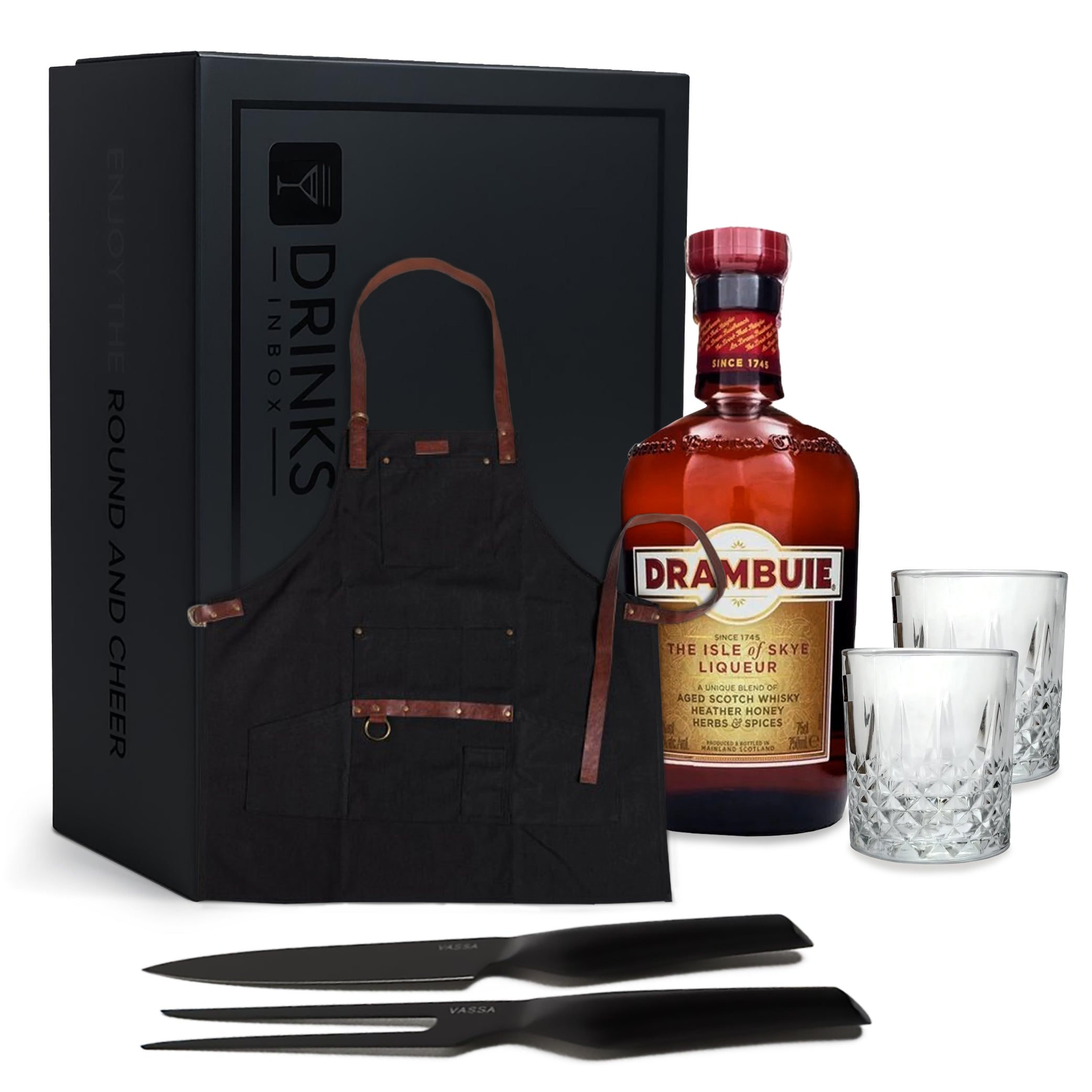 Black Box Nro 407 - Licor Drambuie + Vasos + Delantal Vassa + Set de Asado Acero Inox Negro