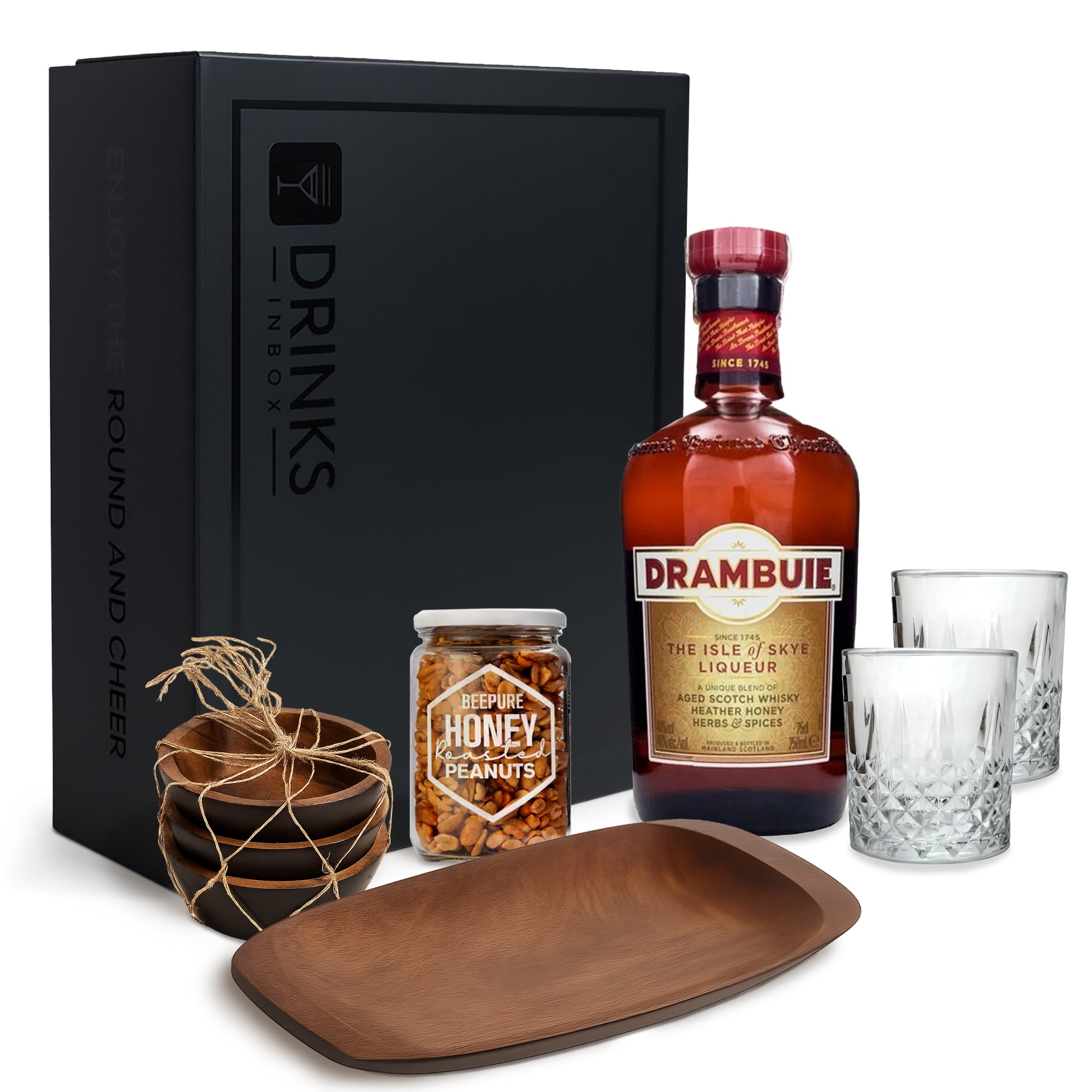 Black Box Nro 226 - Licor Drambuie + Vasos + Copetineros Rectangular y Cónicos Acacia + Maní Honey Beepure
