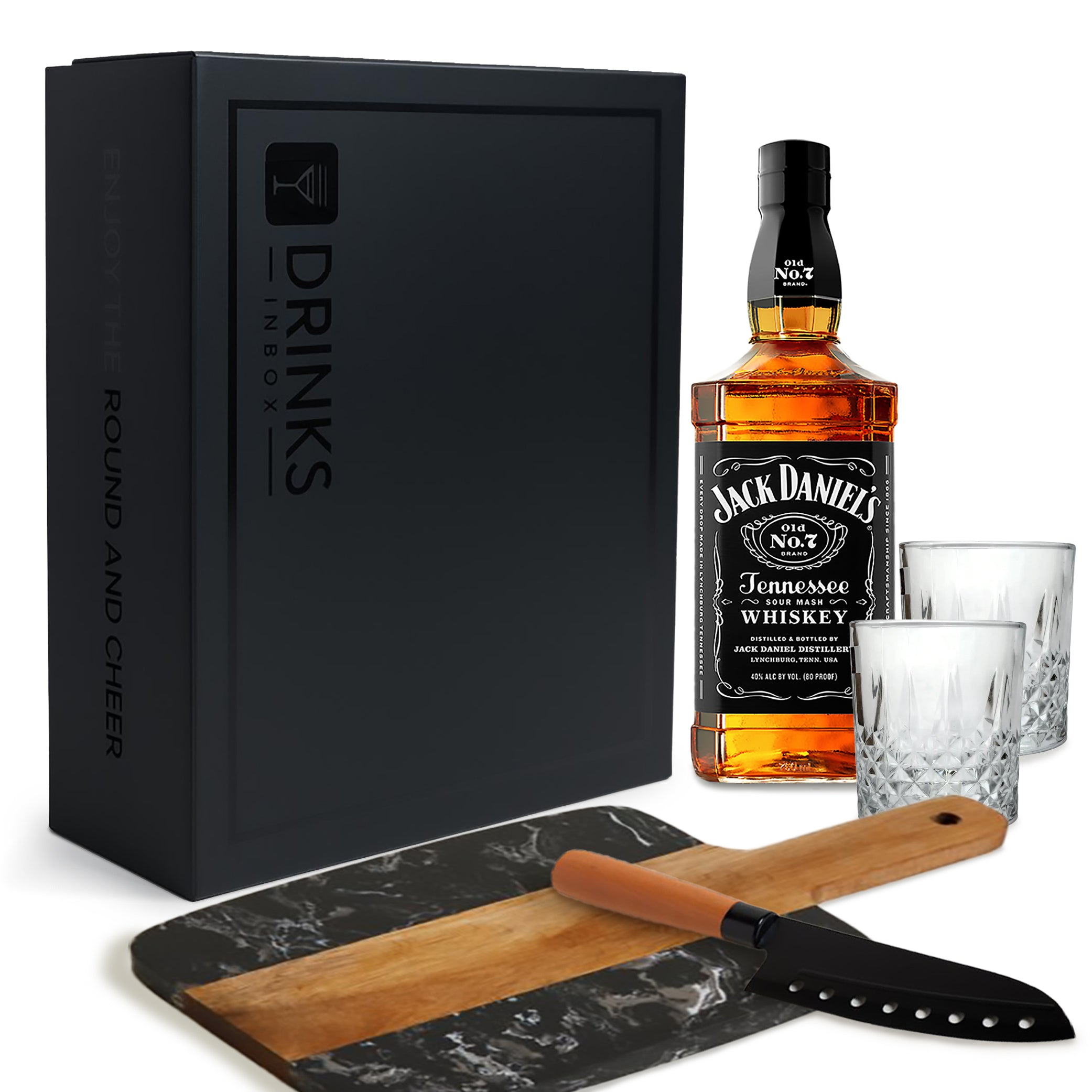 Black Box - Whisky Jack Daniels + Vasos + Cuchillo + Tabla Marmol Negro y Madera
