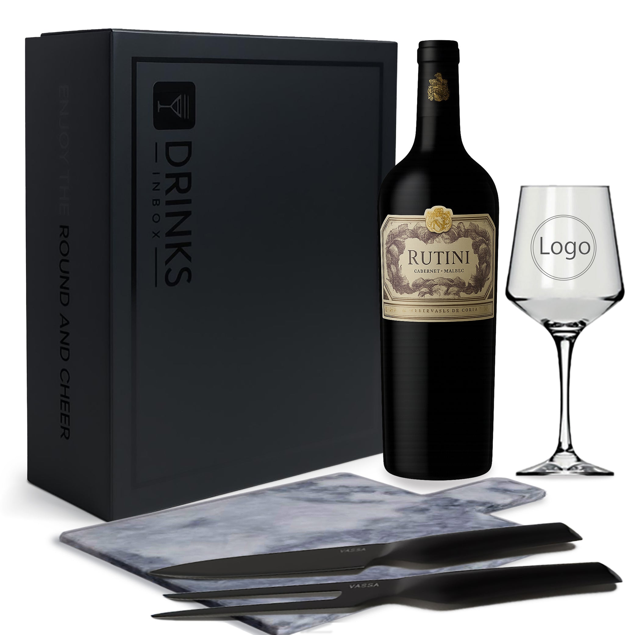 Black Box - Vino Rutini Cab Mal + Copa + Tabla para Picar de Marmol + Set de Asado Acero Inox Negro